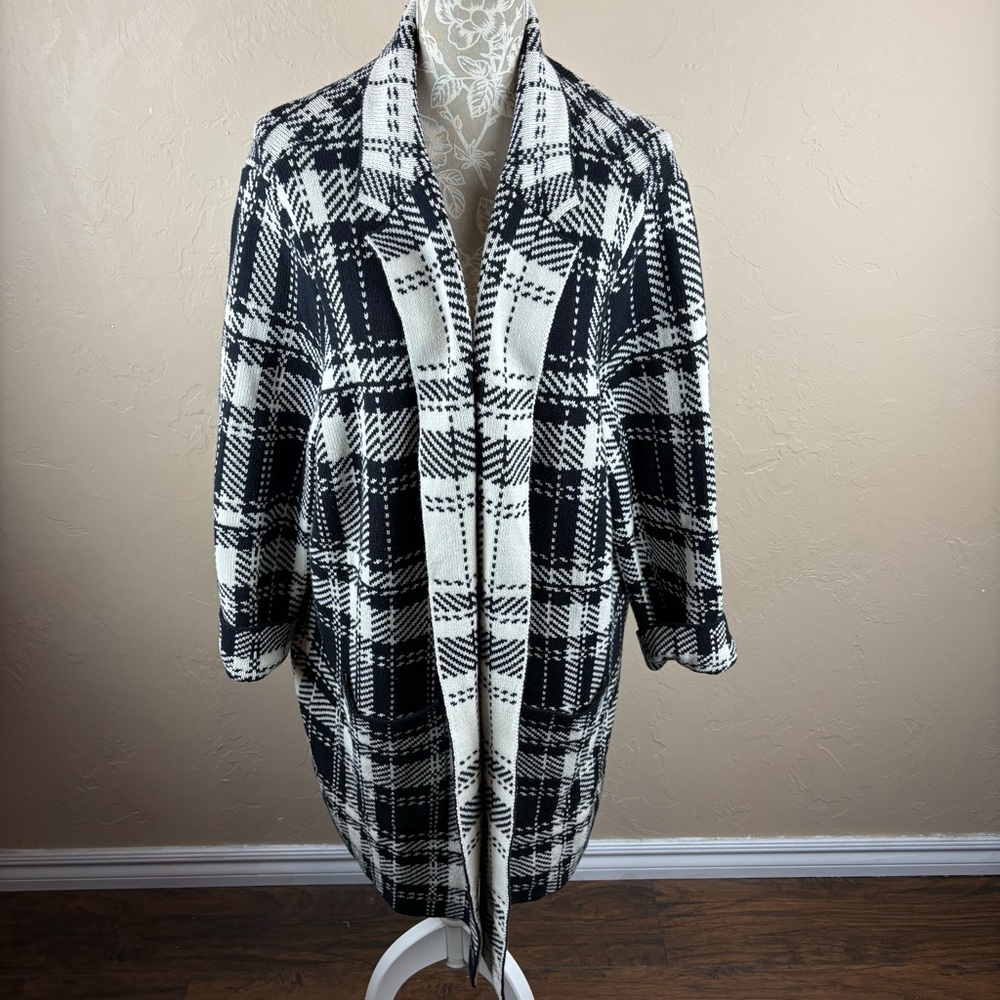 Chaps Houndstooth Plaid Black Cream White Cardigan Sweater Duster Longline 2X